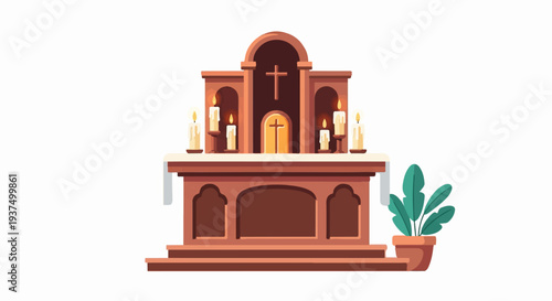 Wooden altar with lit candles and a potted plant