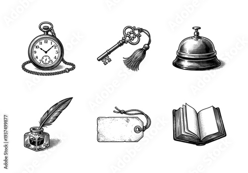 Set of vintage lifestyle objects in monochrome woodcut engraving style including pocket watch, ornate key, call bell, inkwell, paper tag, and open book