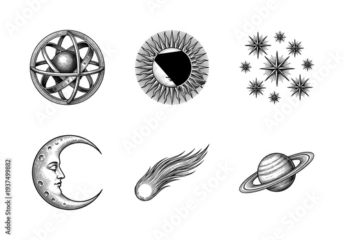 Vintage celestial engraving collection featuring armillary sphere sun moon stars comet and saturn in woodcut style