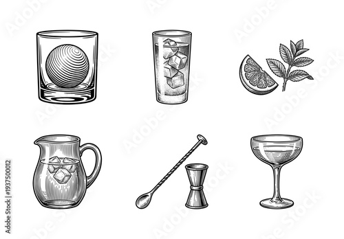 Set of hand drawn cocktail and bar equipment illustrations in vintage engraving style featuring glassware, jigger, bar spoon, and citrus garnishes