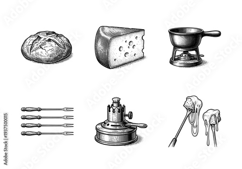 Vintage engraving style collection of cheese fondue elements including bread loaf, swiss cheese wedge, burner, forks, and caquelon pot.