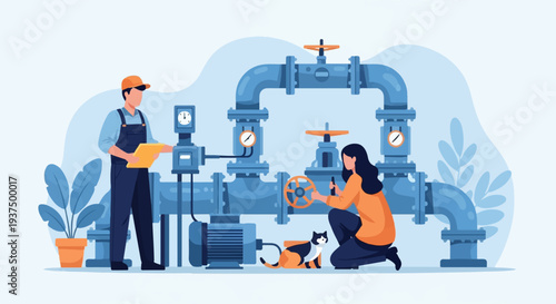 Workers operate large industrial pipes with gauges and a cat nearby