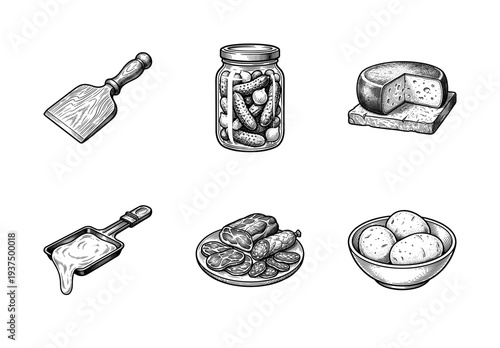 Vintage engraving style illustration of raclette dinner set featuring melted cheese, potatoes, pickles, and cold cuts
