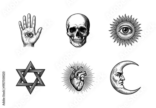 Set of occult and celestial symbols featuring a hamsa hand, skull, radiant sun, hexagram, anatomical heart, and crescent moon in vintage woodcut engraving style.