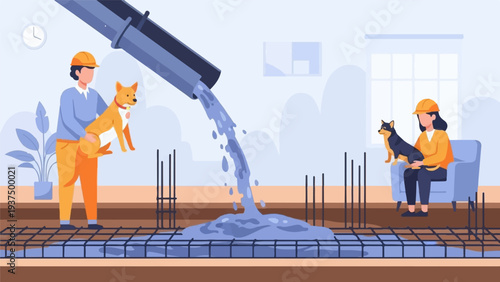 Workers with dogs oversee construction pouring of concrete