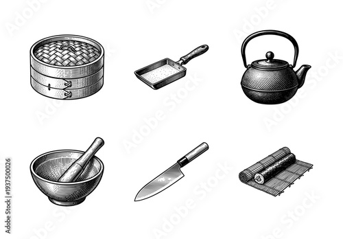 Japanese kitchenware and cooking tools collection featuring a bamboo steamer, tamagoyaki pan, iron kettle, mortar with pestle, santoku knife, and sushi rolling mat