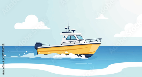 Yellow boat speeding through blue ocean waves under a cloudy sky