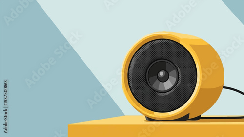 Yellow speaker on yellow surface against light blue and grey background