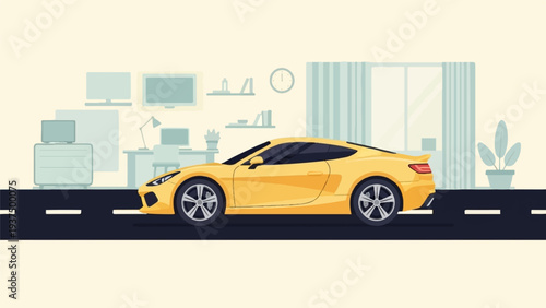 Yellow sports car drives on a road, with an office scene behind
