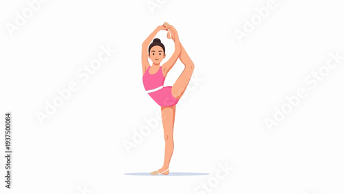 Young athlete in pink leotard performs graceful ballet pose on white background
