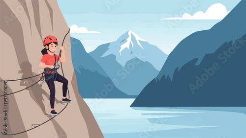 Young climber ascends a rocky mountain face overlooking a serene, snow-capped peak