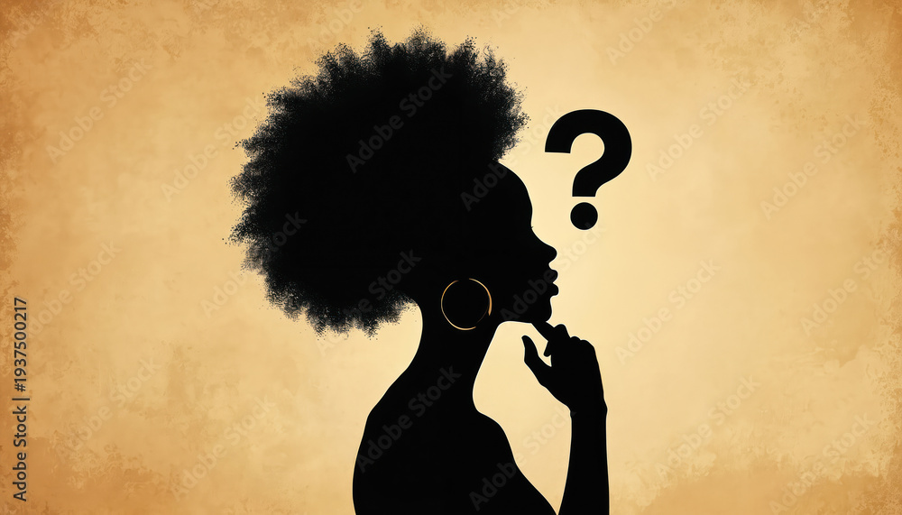 custom made wallpaper toronto digitalBlack woman silhouette ponder over question mark. Woman thinks, considers choice, seeks answer. Female face shows contemplation, doubt, seeks solution. Mind, idea, doubt, planning.