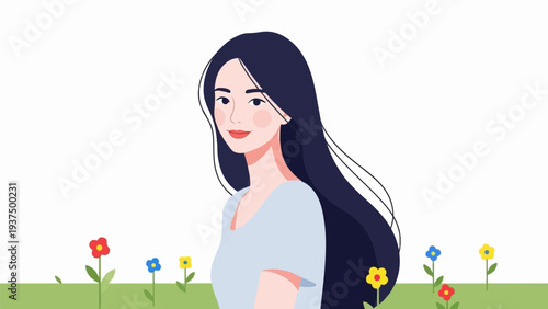 Young woman with dark hair and a light blue shirt in a field of flowers