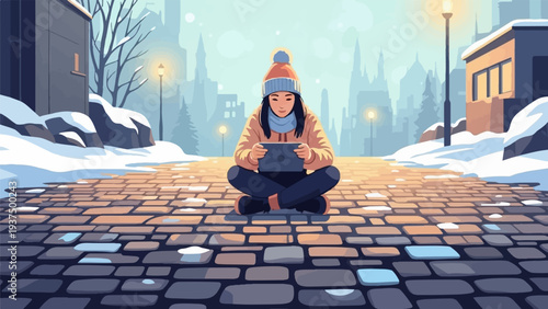 Young woman using tablet in a snowy pixelated city street