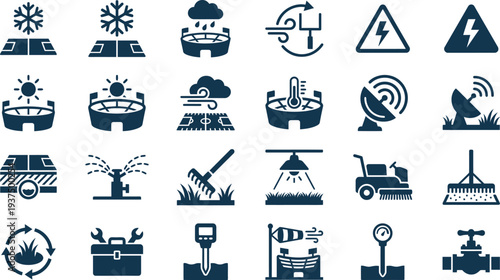 Collection of dark blue sports field maintenance and weather condition monitoring icons