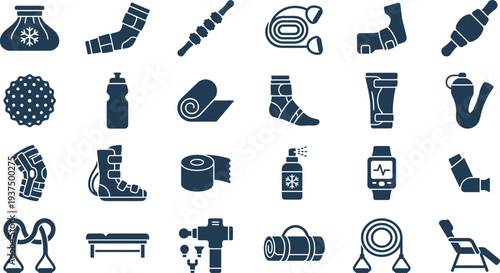 A comprehensive collection of silhouette icons representing sports injury recovery, physical therapy, and fitness equipment.