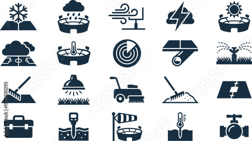 A comprehensive collection of field management and weather condition icons for sports stadiums.