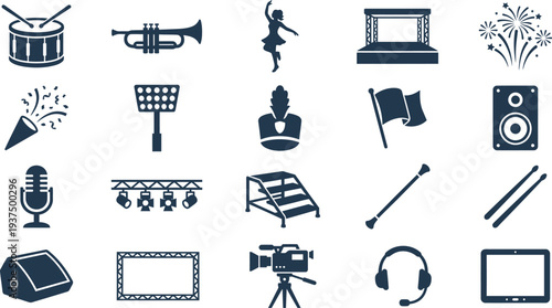 Collection of marching band and performance equipment icons for music event production design