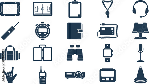 A diverse collection of sports, coaching, and communication vector icons for digital media and web design projects.