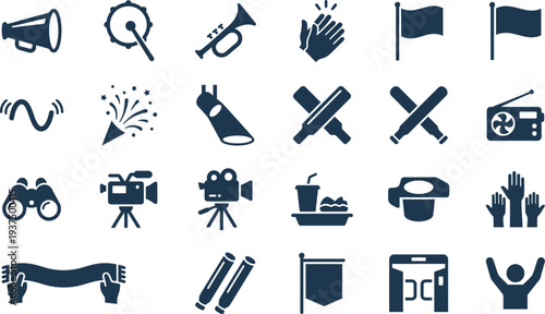 Collection of dark blue icons representing various sports fan accessories and event items.
