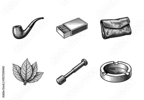 Vintage engraving set of smoking accessories including a tobacco pipe, matches, leather pouch, dried leaves, tamper, and ashtray.