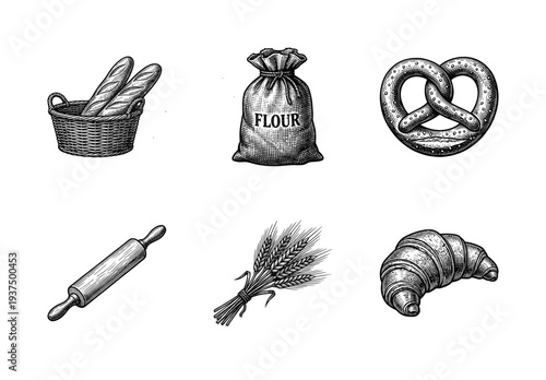 Vintage engraving style bakery and wheat harvest collection featuring bread basket flour sack pretzel croissant and rolling pin on white background