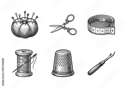 Vintage engraving of essential sewing and tailoring tools including scissors, pin cushion, measuring tape, spool, thimble, and seam ripper.