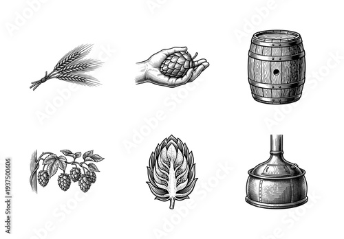 Vintage brewery engraving set featuring hops, barley, wooden barrel, and traditional copper brew kettle for craft beer production.