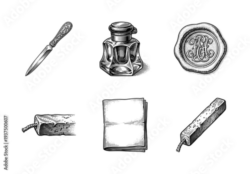 Vintage stationary collection featuring a wax seal set, ornate letter opener, glass inkwell, and folded parchment in a classic woodcut engraving style