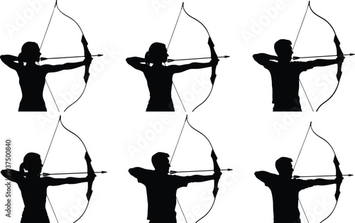 Archery archer silhouettes collection featuring men and women aiming bow and arrow isolated on white background sport and hunting concept