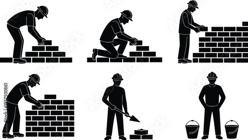 Bricklayer worker silhouettes collection showing construction mason laying bricks and building wall isolated on white background construction concept