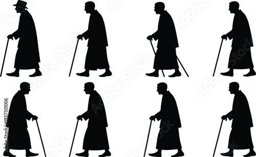 Old man walking with cane silhouettes collection featuring elderly male people isolated on white background aging lifestyle concept