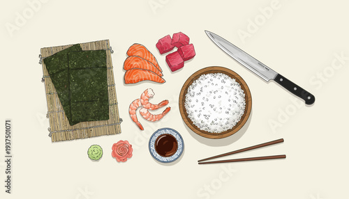 Sushi ingredients and utensils arranged on a table.