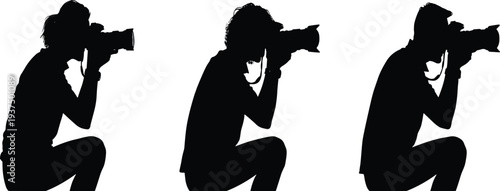 Photographer silhouettes collection featuring professional photographers kneeling with camera taking photos isolated on white background photography and media concept