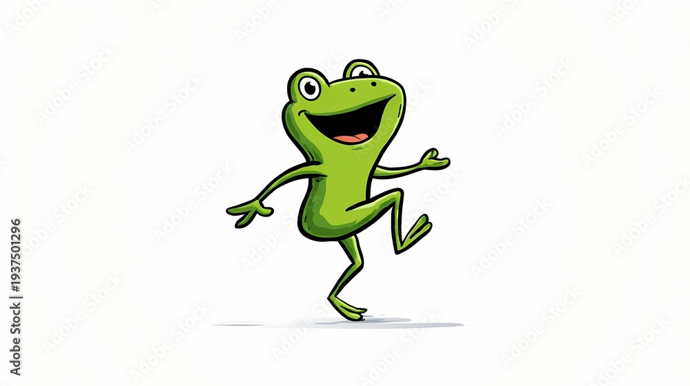 Fototapeta premium Happy Cartoon Frog Dancing Joyfully on White Background.