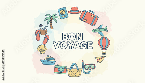 Colorful Bon Voyage Travel Illustration with Various Elements.