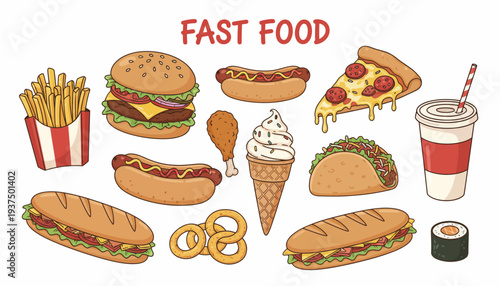 Assorted Fast Food Items Including Burgers, Fries, and Desserts.