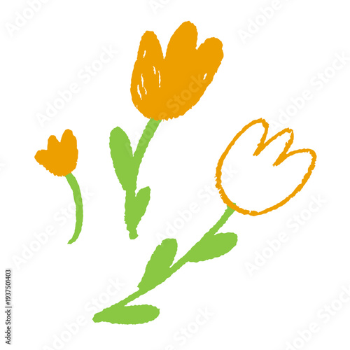 クレヨンタッチで描いた手描きチューリップの花イラストセット 春の植物を表現した子供の絵風シンプルフラワー素材
