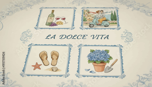 La Dolce Vita themed decorative elements with wine and beach motifs.