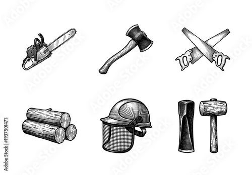 Vintage engraving style lumberjack tools collection featuring chainsaw axe crosscut saws logs safety helmet and splitting wedge with mallet.