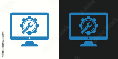 Computer monitor with gear and wrench icon on white and dark backgrounds, symbolizing technology repair or technical support services