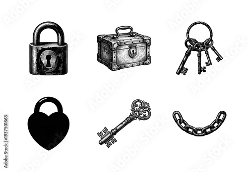 Vintage engraving style collection of antique security objects including padlocks skeleton keys wooden chest and iron chain links
