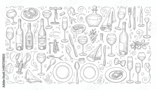 Collection of Hand Drawn Wine Glasses and Dining Utensils.