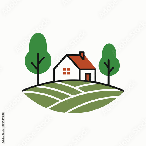 Country house in green fields landscape illustration with trees and farmland for agriculture eco tourism rural living organic farming and sustainable lifestyle branding identity