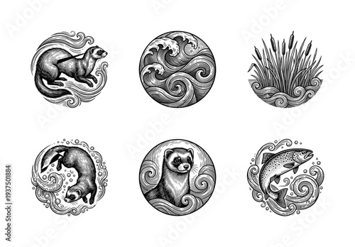 Set of circular woodcut style illustrations featuring ferrets, trout fish, ocean waves, and marsh cattails in black and white line art.