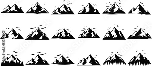 Mountain range silhouettes, snowy peak icons, nature outdoor landscape elements, adventure climbing symbols, wilderness exploration, trekking badges, hiking summit graphics