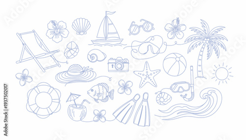 Collection of Hand Drawn Beach and Summer Vacation Elements.