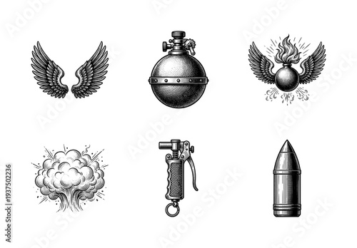 Vintage engraving style collection of military and explosive elements including wings bomb grenade and projectile on a white background