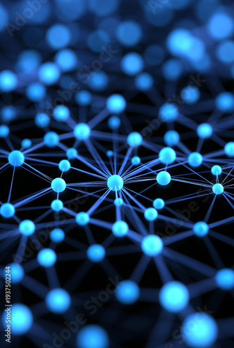 Abstract network of glowing blue nodes and connections on a dark background.