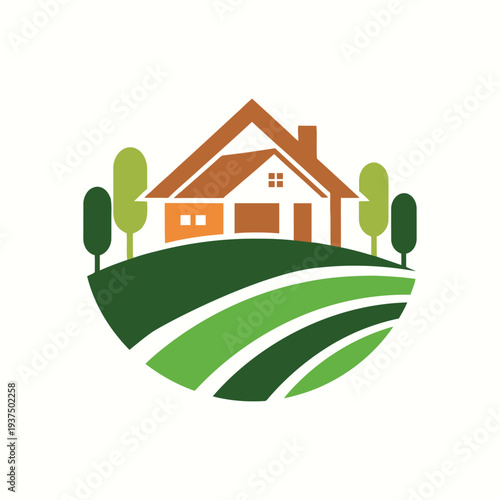 Country house landscape illustration featuring farm building on green hills with trees and fields for organic agriculture gardening or eco living branding projects vector graphic